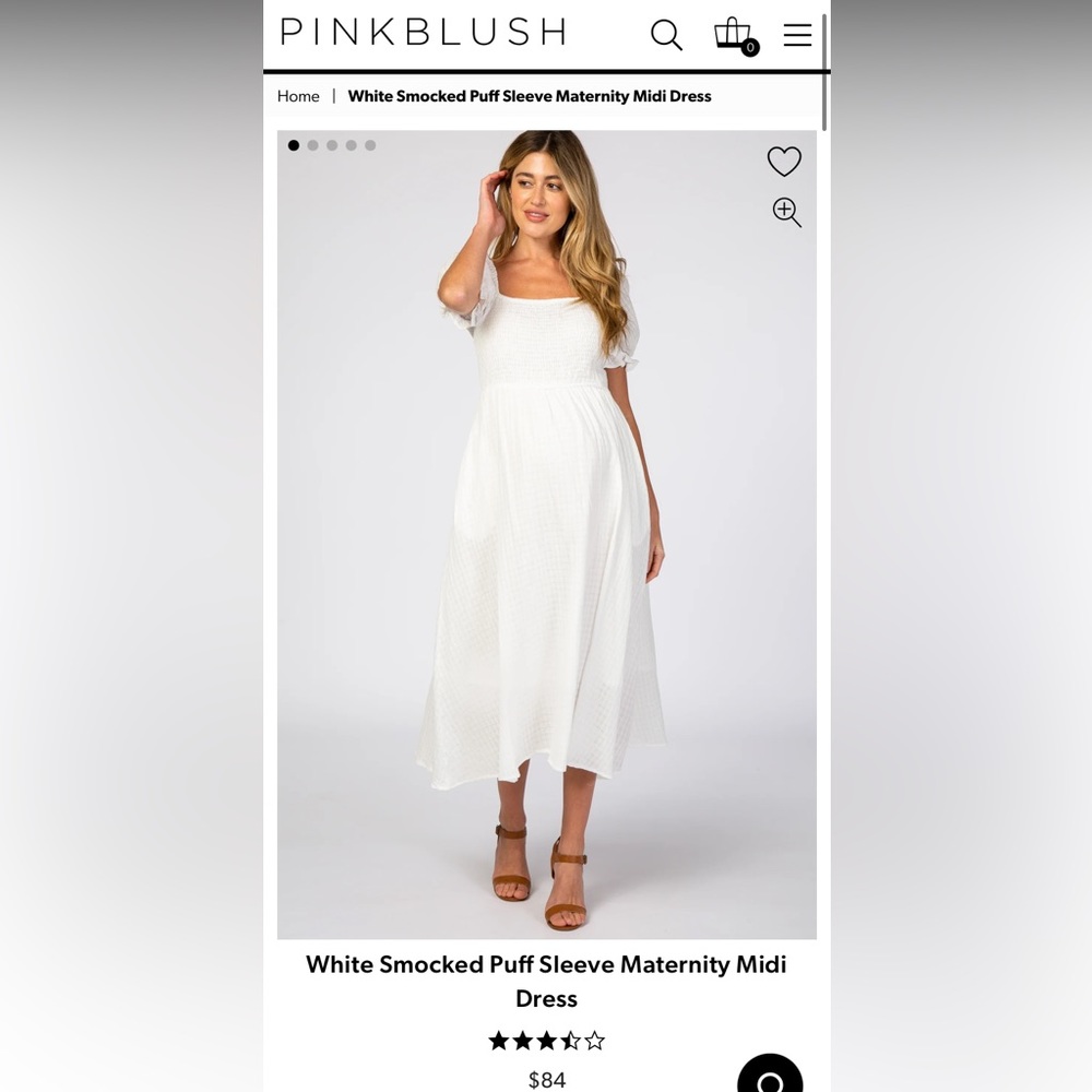 White Smocked Puff Sleeve Maternity Midi Dress